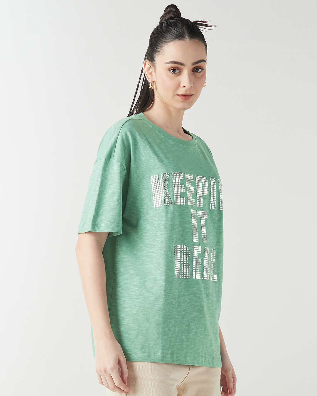 Shop Women's Granite Green Real Typography Oversized T-shirt-Back