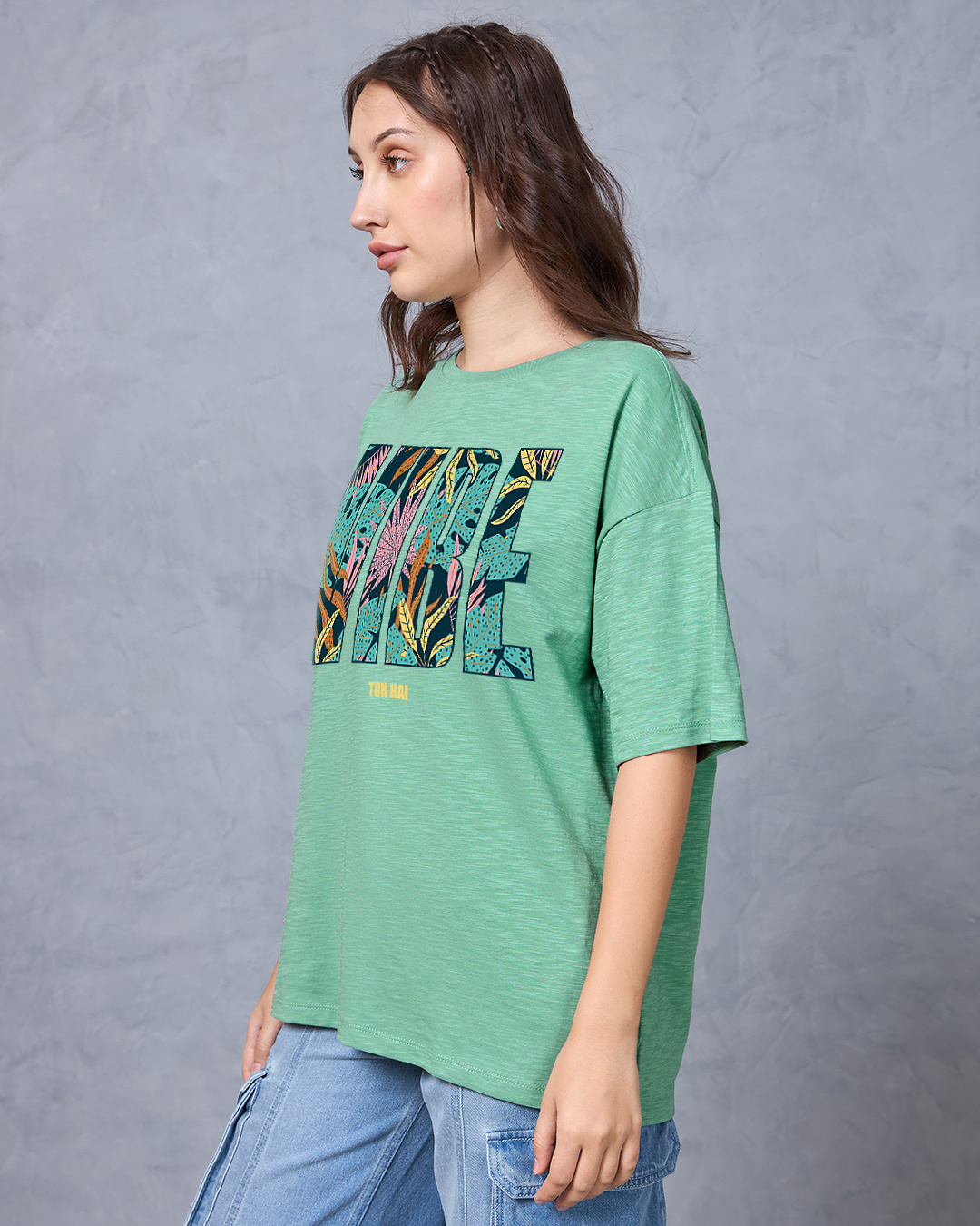Shop Women's Granite Green Vibe Hai Graphic Printed Oversized T-shirt-Back
