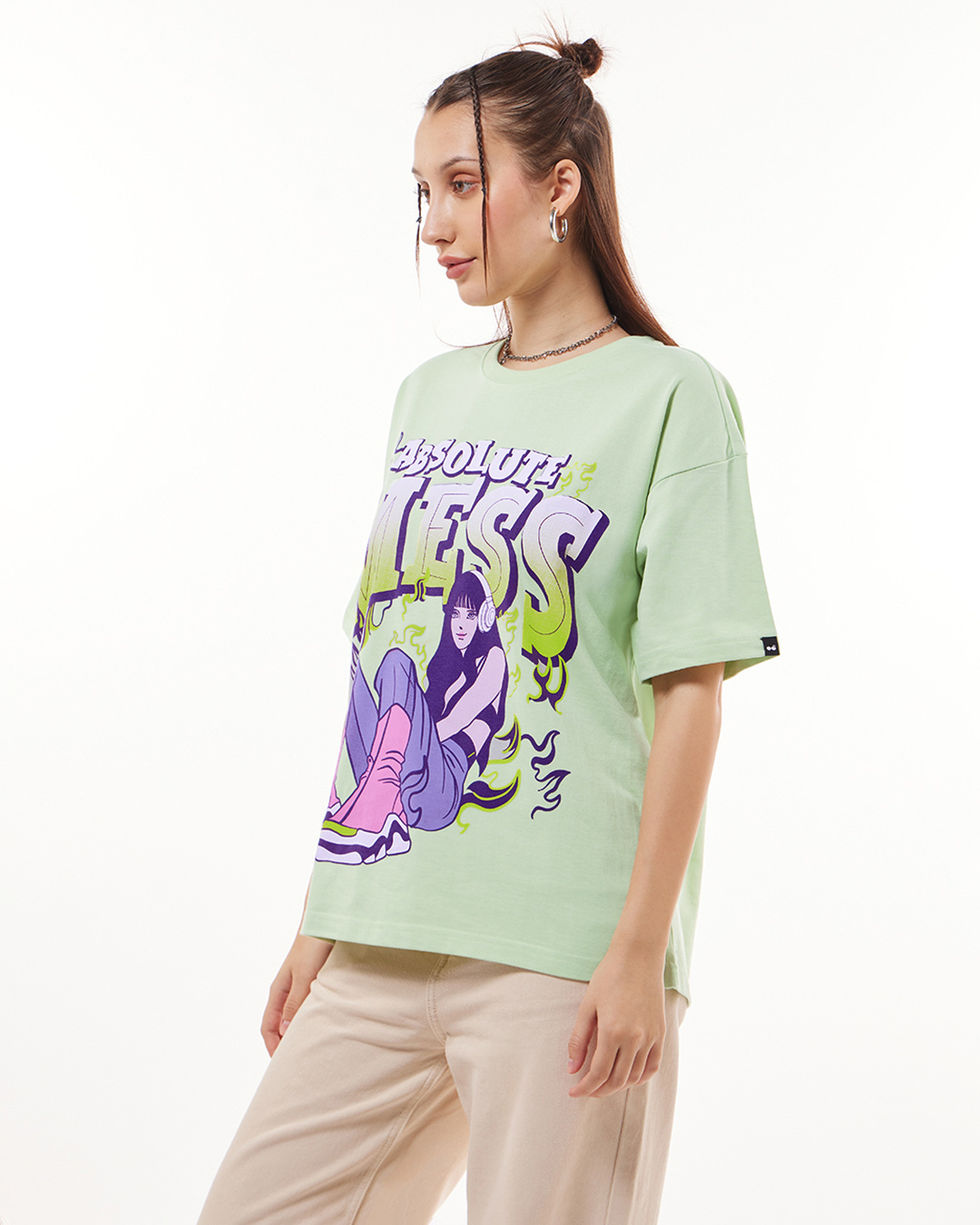 Shop Women's Green Absolute Mess Graphic Printed Oversized T-shirt-Back