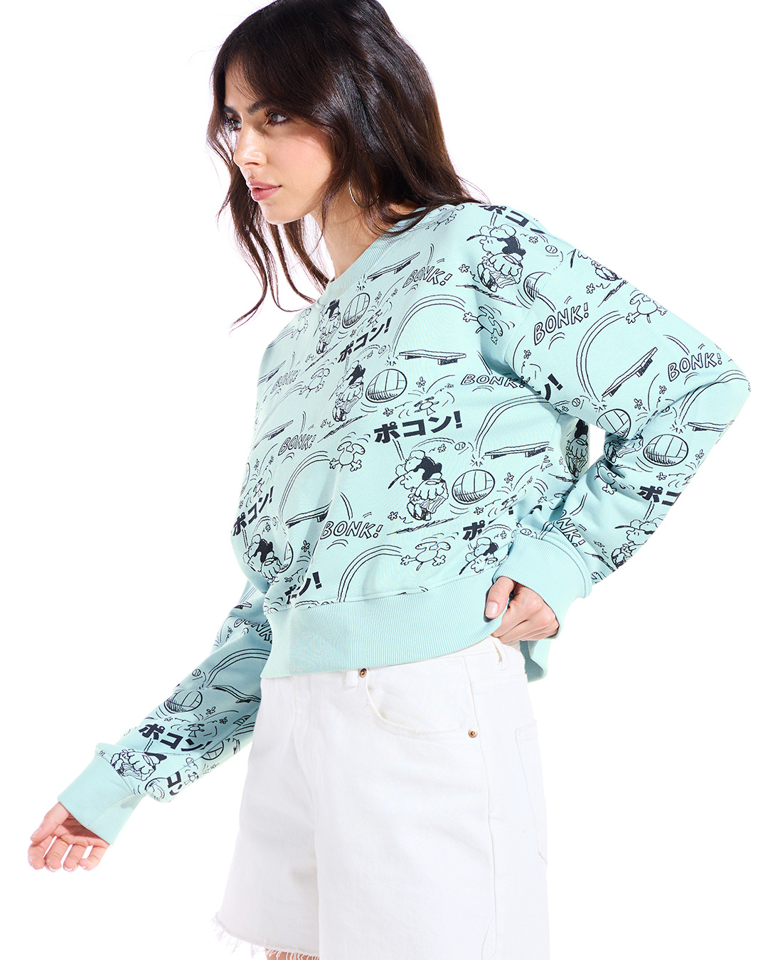 Shop Women's Green All Over Printed Cropped Oversized Sweatshirt-Back