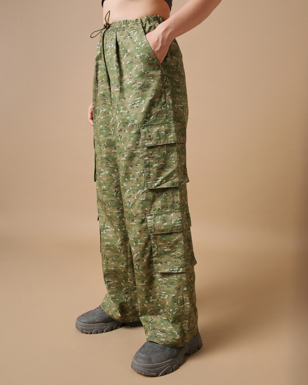 Shop Women's Green All Over Printed Oversized Cargo Parachute Pants-Back