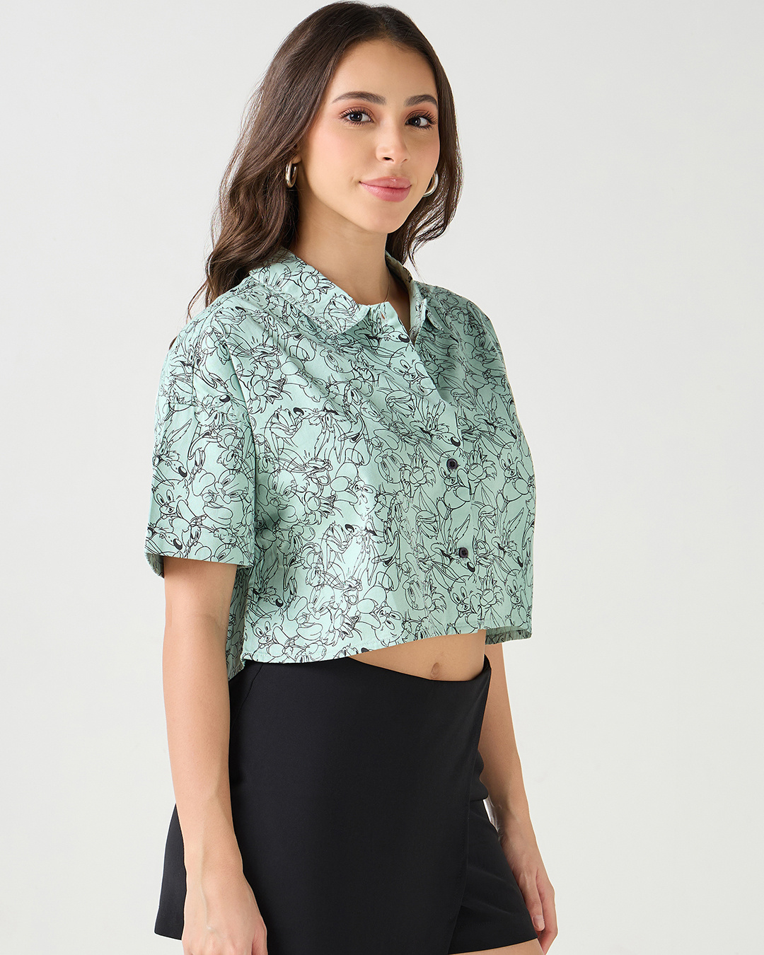 Shop Women's Green All Over Printed Oversized Crop Shirt-Back