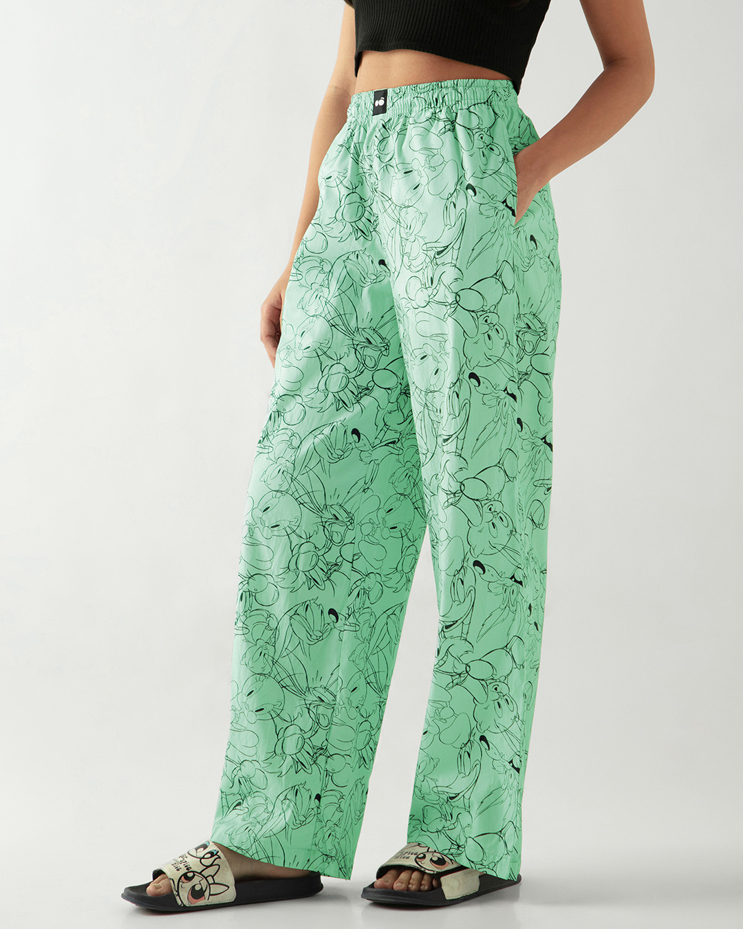 Shop Women's Green All Over Printed Wide Leg Pyjamas-Back