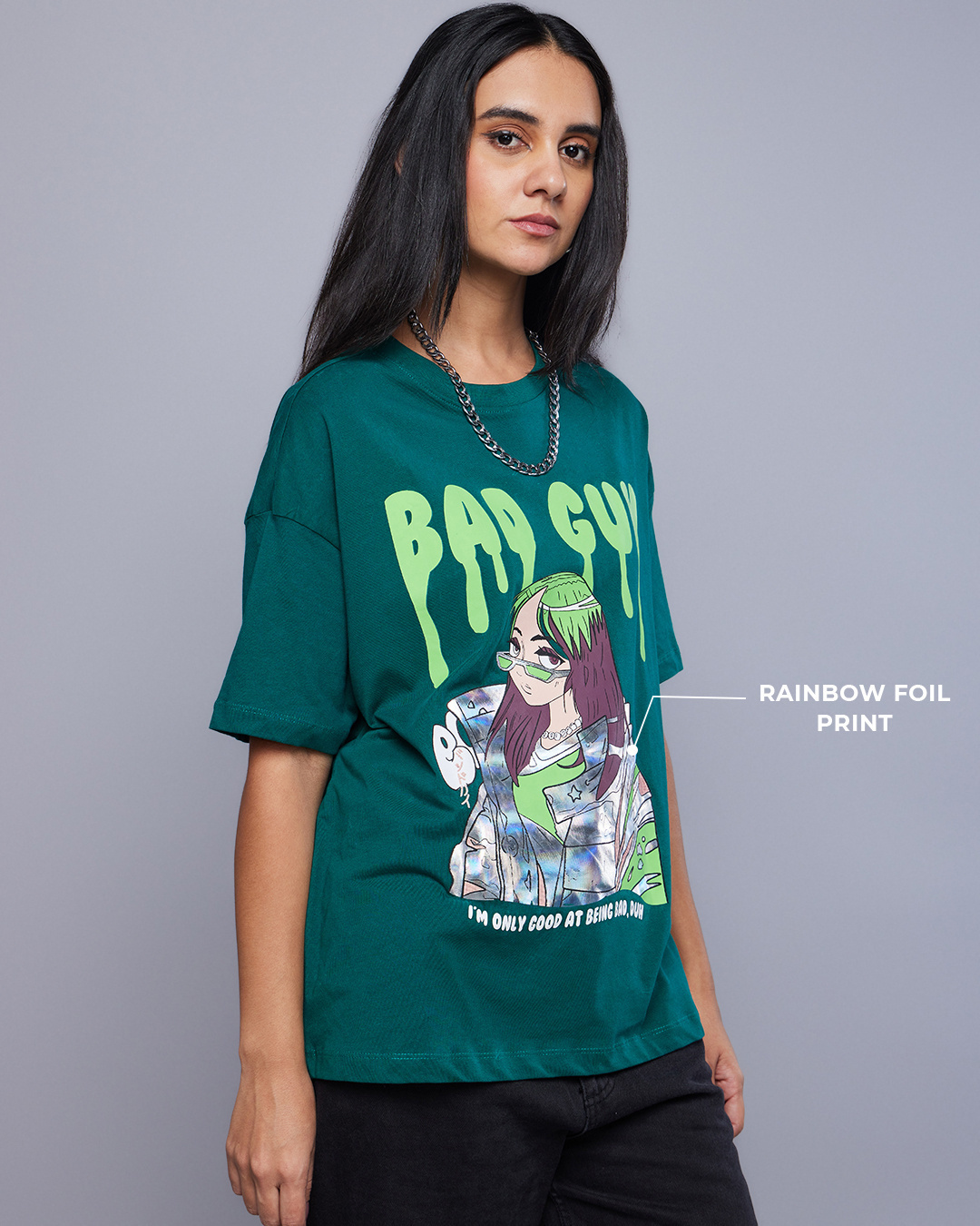 Shop Women's Green Bad Guy Graphic Printed Oversized T-shirt-Back