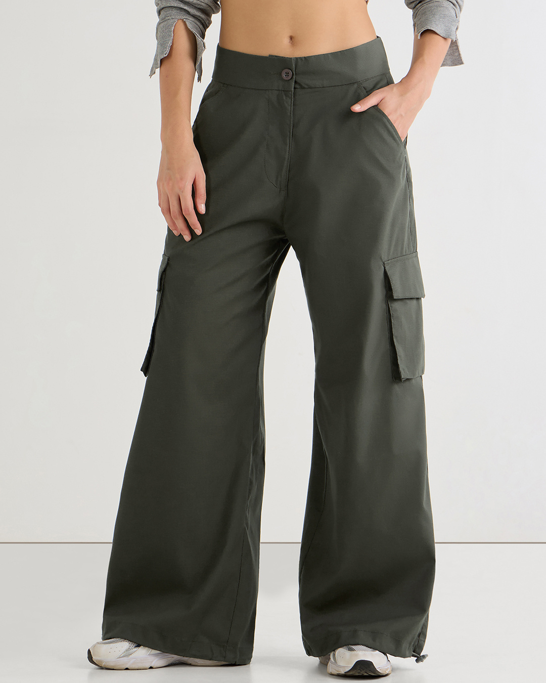 Shop Women's Green Baggy Oversized Cargo Parachute Pants-Back