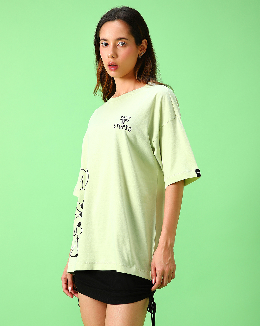 Shop Women's Green Be Stupid Odie Graphic Printed Oversized T-shirt-Back