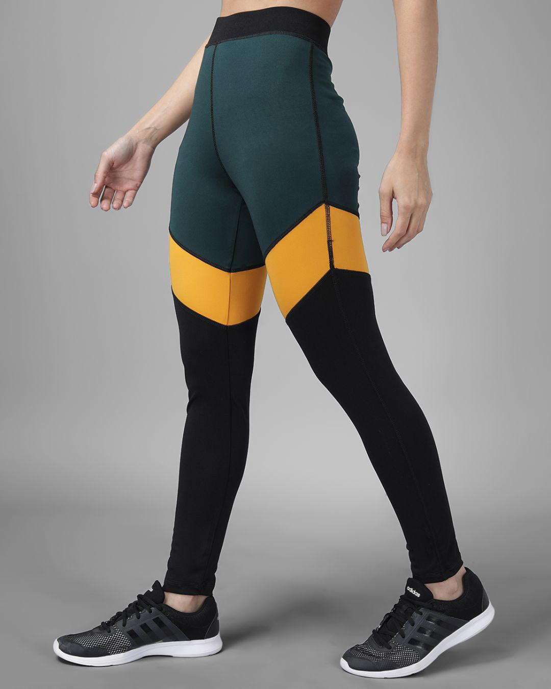 Shop Women's Green & Black Color Block Skinny Fit Tights-Back