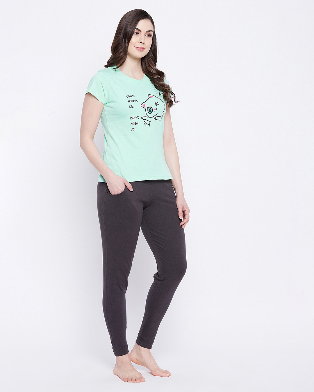Shop Women's Green & Black Cute Kitty Quote Graphic Printed Cotton T-shirt & Joggers Set-Back