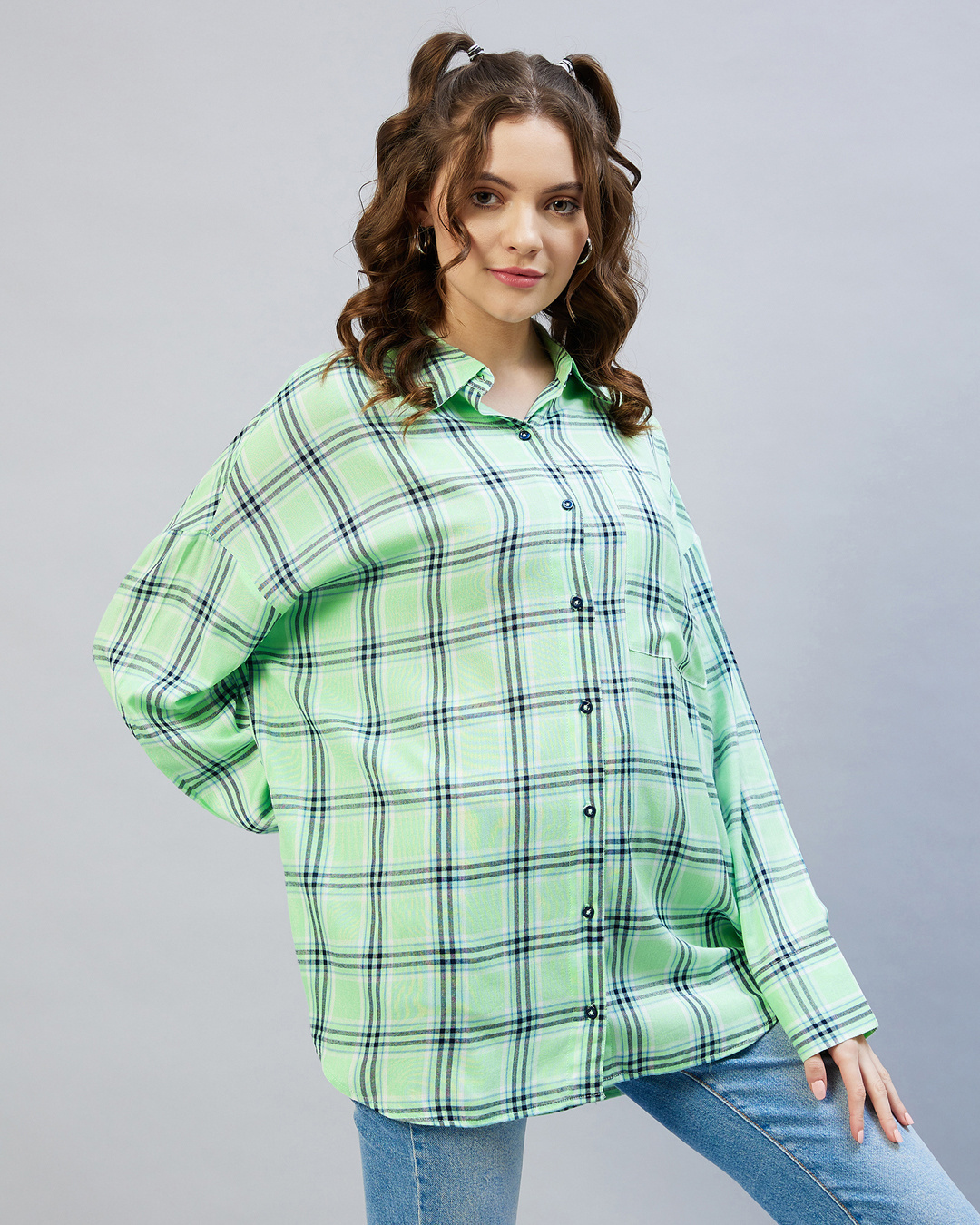 Shop Women's Green & Blue Checked Oversized Shirt-Back