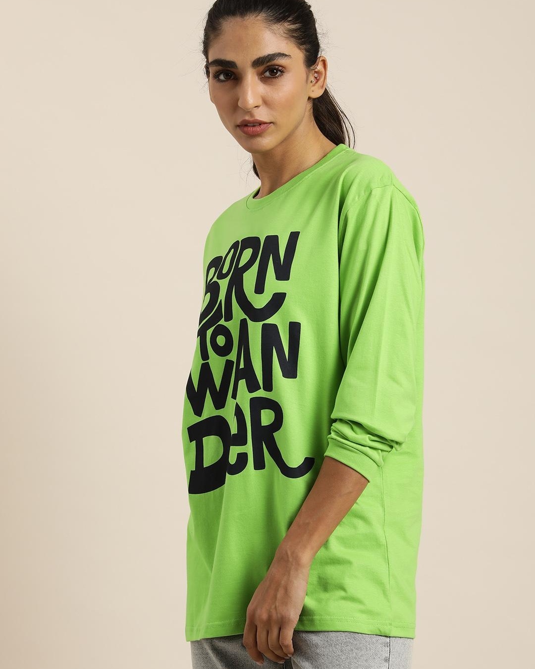 Shop Women's Green Born To Wander Typography Oversized T-shirt-Back