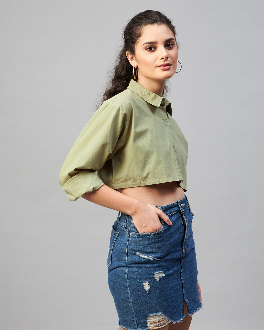 Shop Women's Green Boxy Fit Crop Shirt-Back