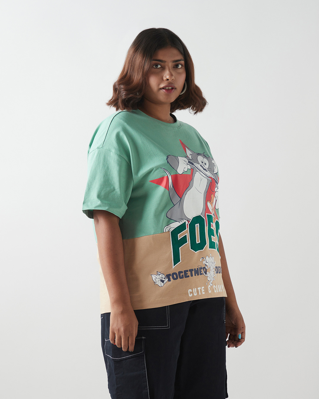 Shop Women's Green & Brown Foes Tom Graphic Printed Oversized Plus Size T-shirt-Back