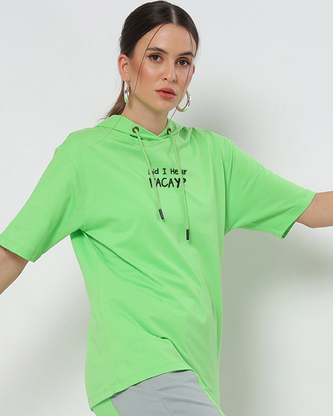 Shop Women's Green Did I Hear Vacay Typography Oversized Hoodie T-shirt-Back