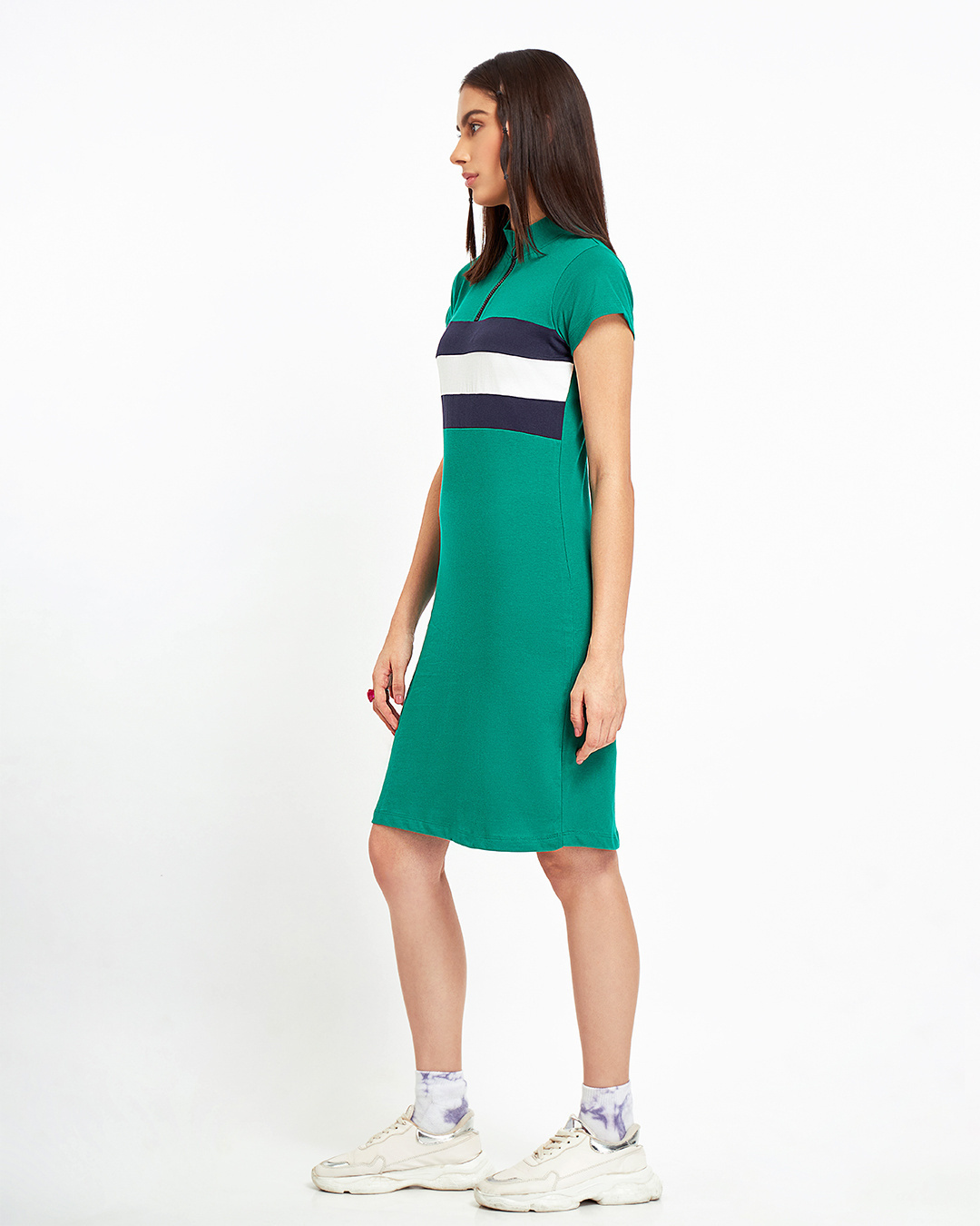 Shop Women's Green Color Block High Neck Slim Fit Dress-Back