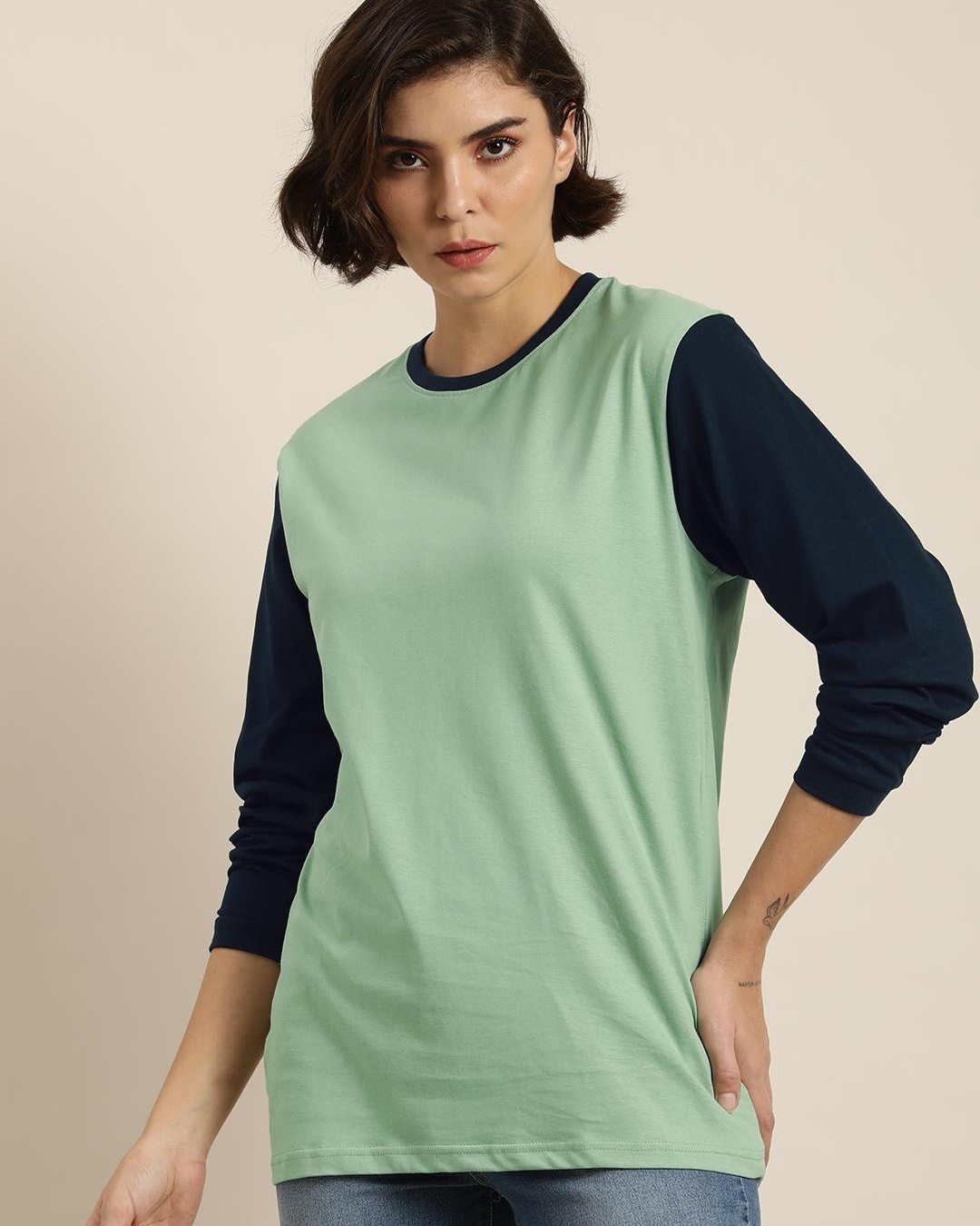 Shop Women's Green Color Block Oversized T-shirt-Back