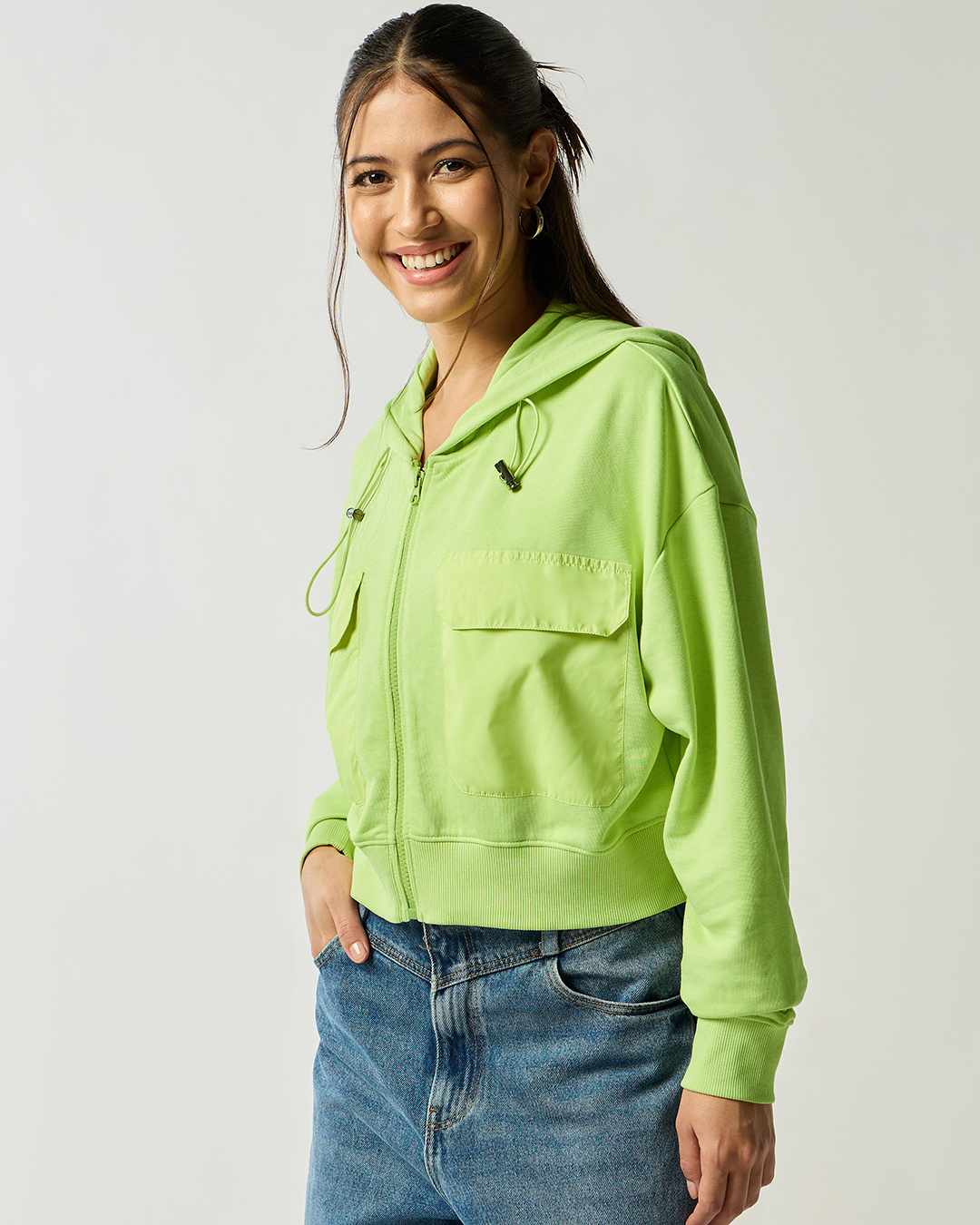 Shop Women's Green Cropped Oversized Hoodies-Back