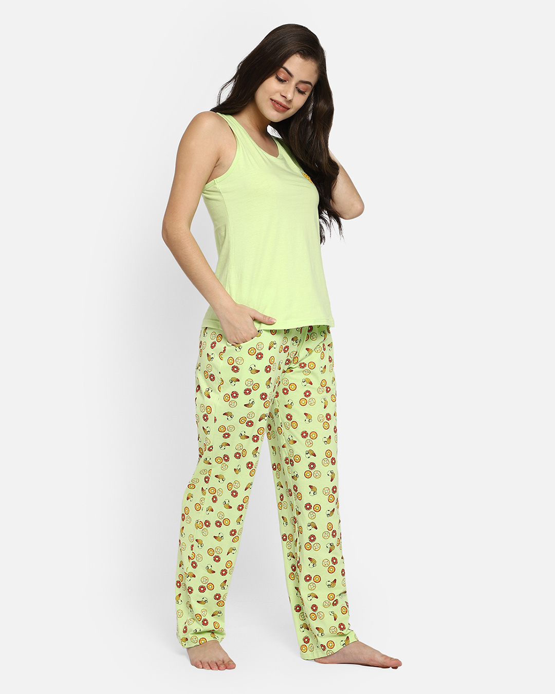 Shop Women's Green Donuts & Fruits Printed Nightsuit-Back