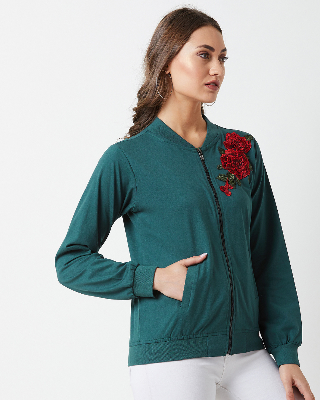 Shop Women's Green Embroidered Cotton Jersey Jacket-Back