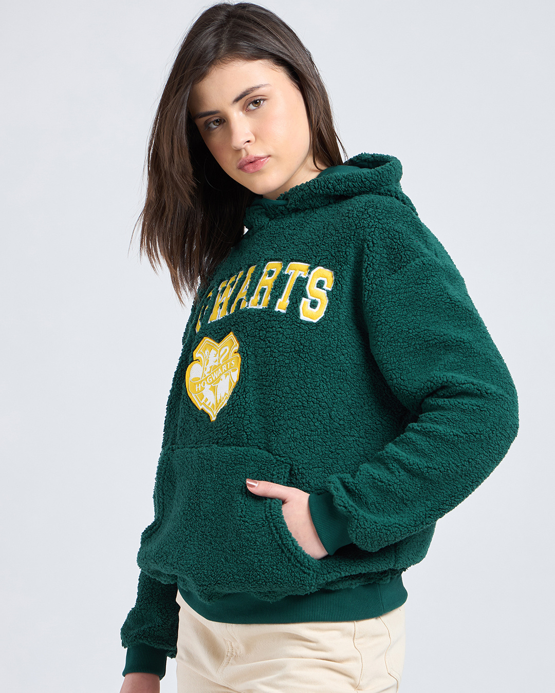 Shop Women's Green Hogwarts Embroidered Oversized Hoodies-Back