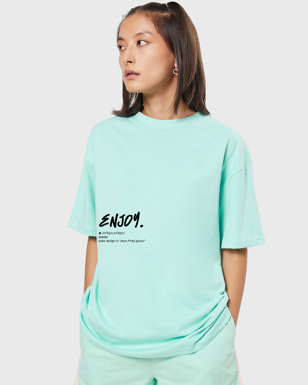 Shop Women's Green Enjoy Graphic Printed Oversized T-shirt-Back