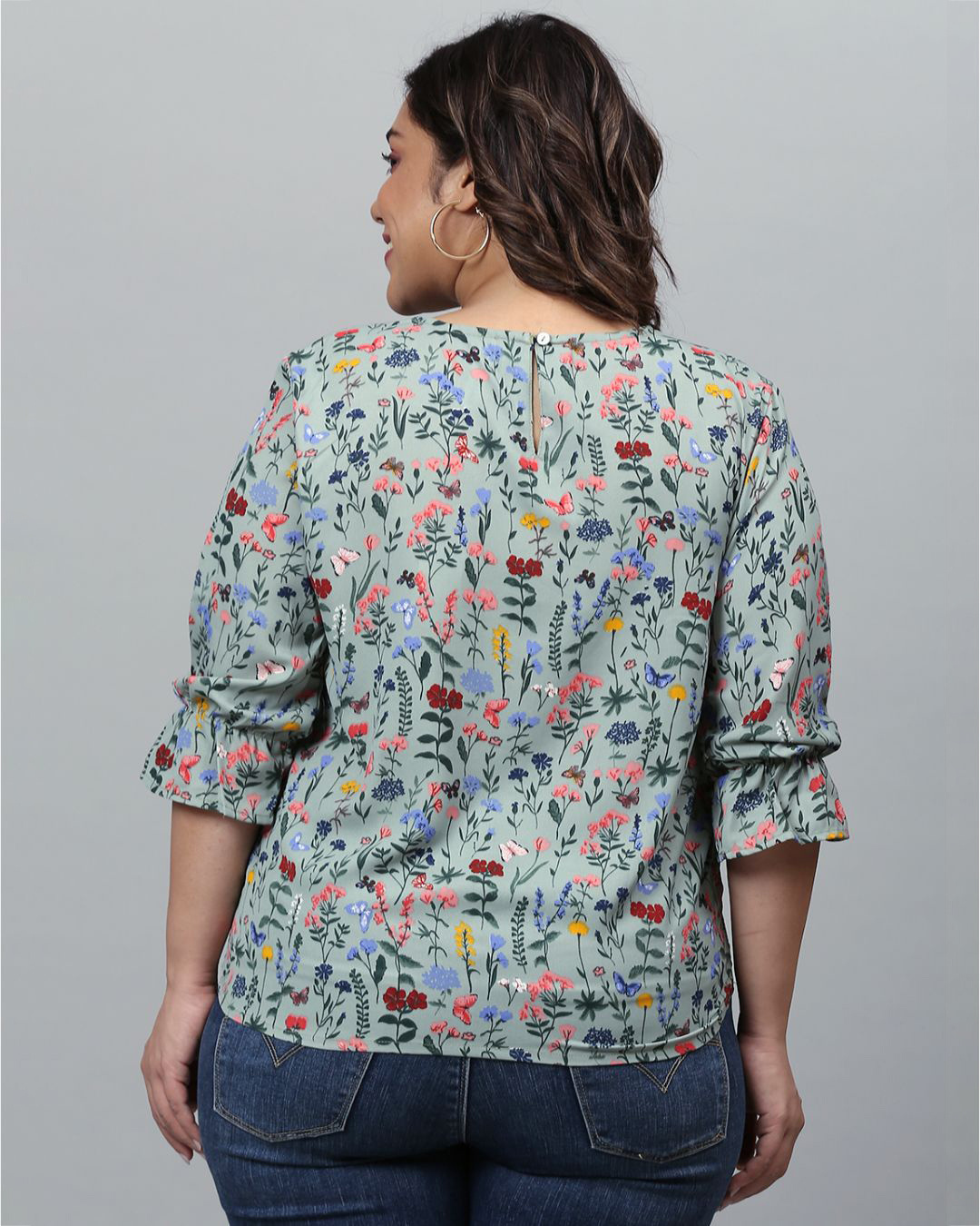 Shop Women's Green Floral Stylish Casual Top-Back
