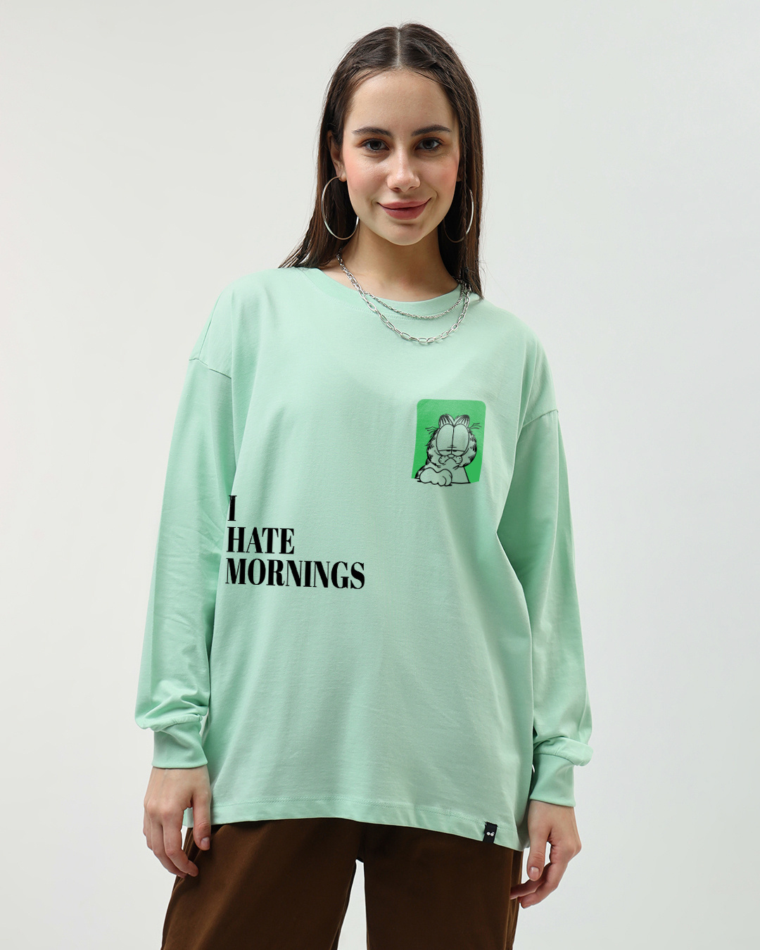 Shop Women's Green Garfield Hates Mornings Graphic Printed Oversized T-shirt-Back