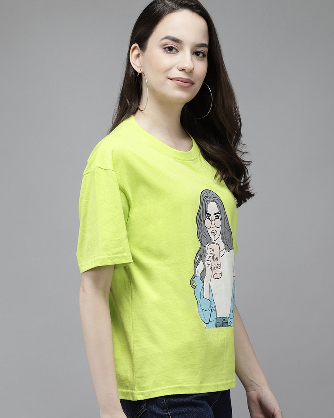 Shop Women's Green Graphic Printed Loose Fit T-shirt-Back