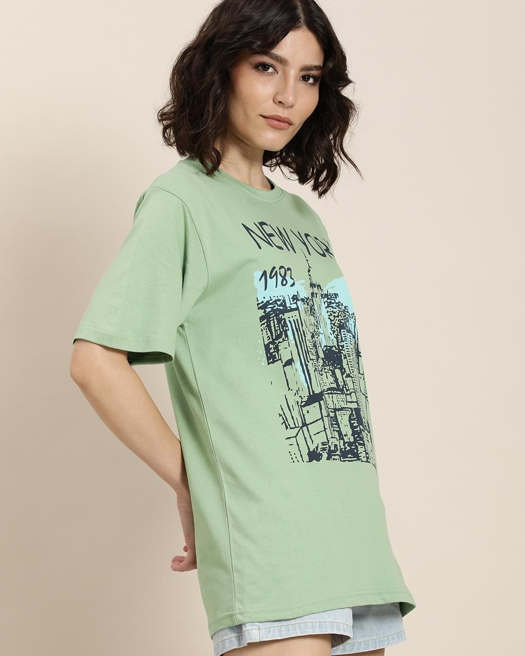 Shop Women's Green Graphic Printed Oversized T-shirt-Back