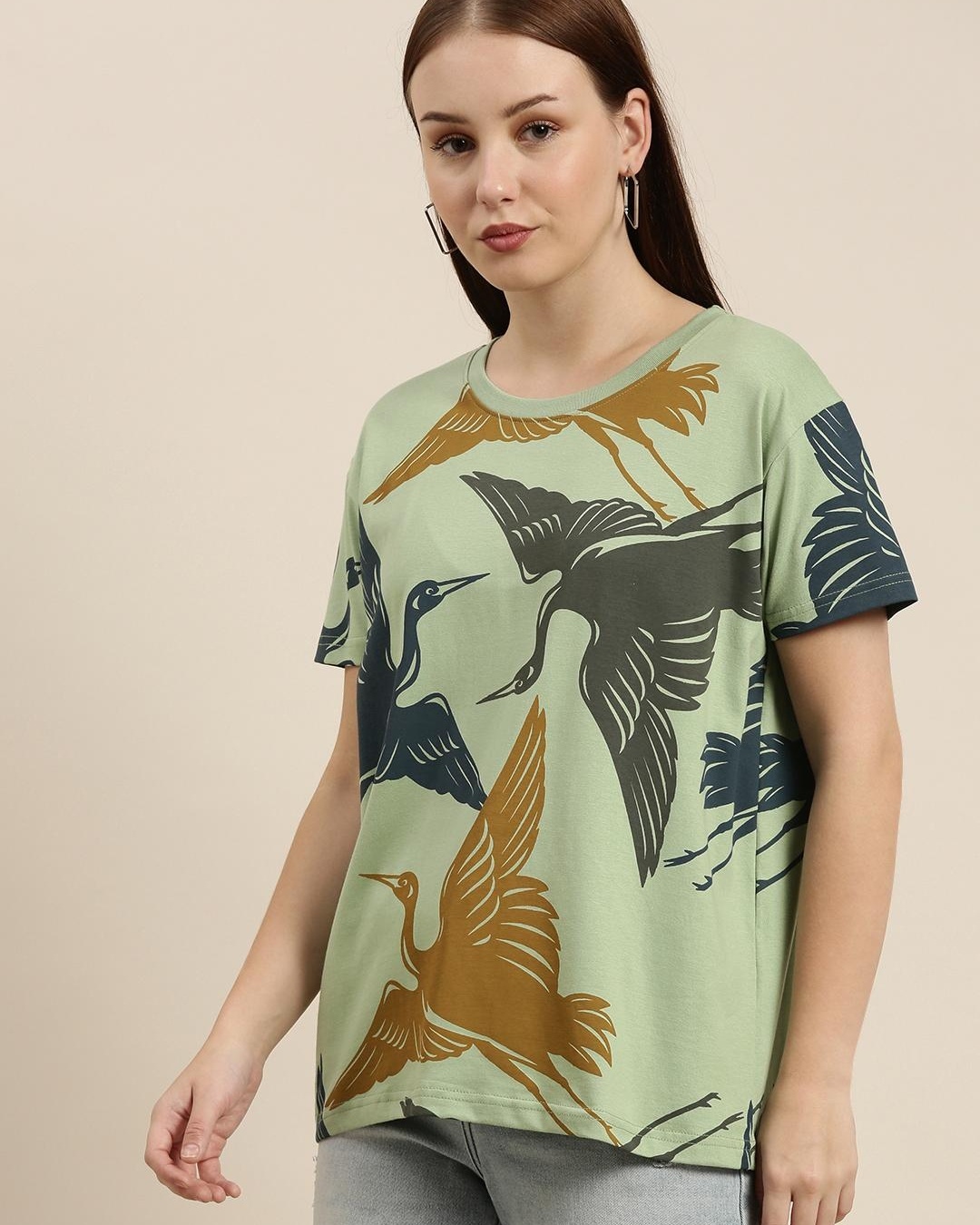 Shop Women's Green Graphic Printed Relaxed Fit T-shirt-Back