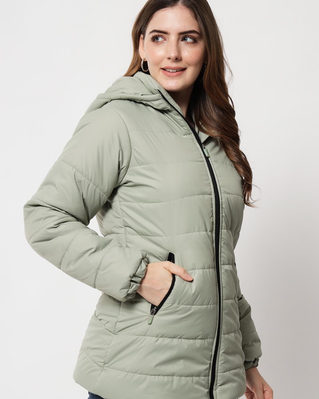 Shop Women's Green Hooded Puffer Jacket-Back