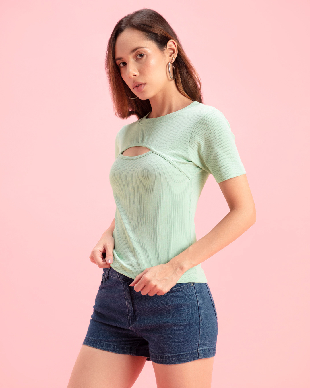Shop Women's Green Keyhole Neck Slim Fit Ribbed Top-Back