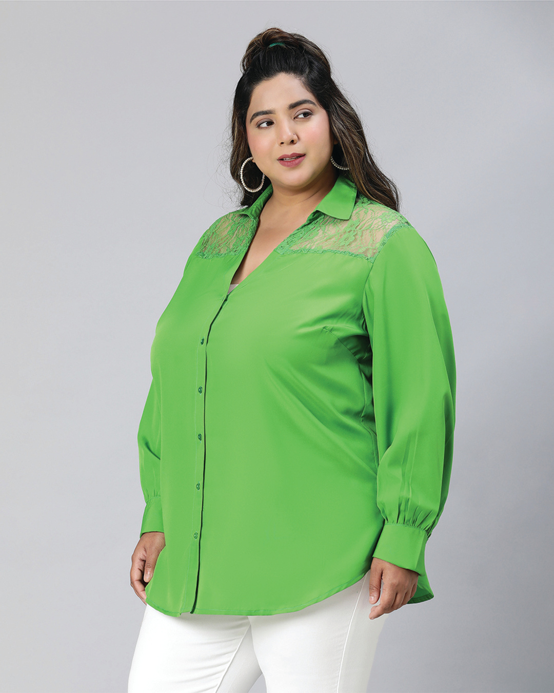 Shop Women's Green Lace Detailed Plus Size Shirt-Back