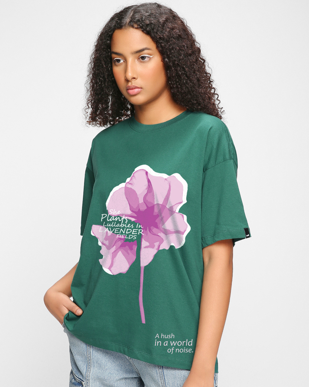 Shop Women's Green Lavender Feels Graphic Printed Oversized T-shirt-Back