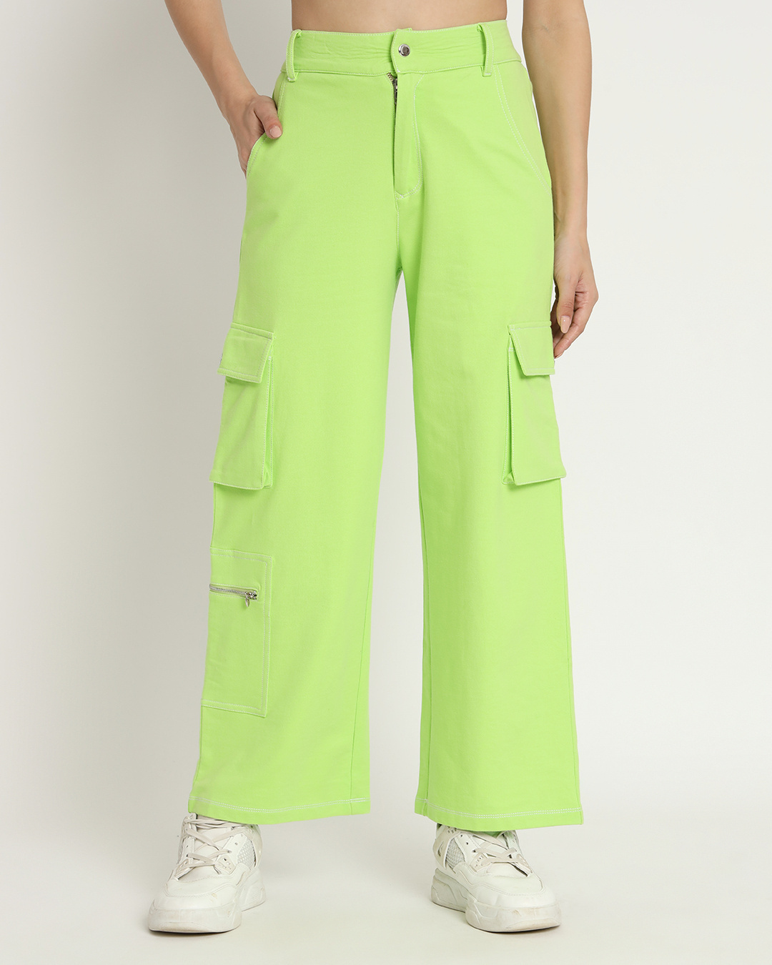 Buy Women's Green Loose Fit Baggy Utility Cargo Korean Pants