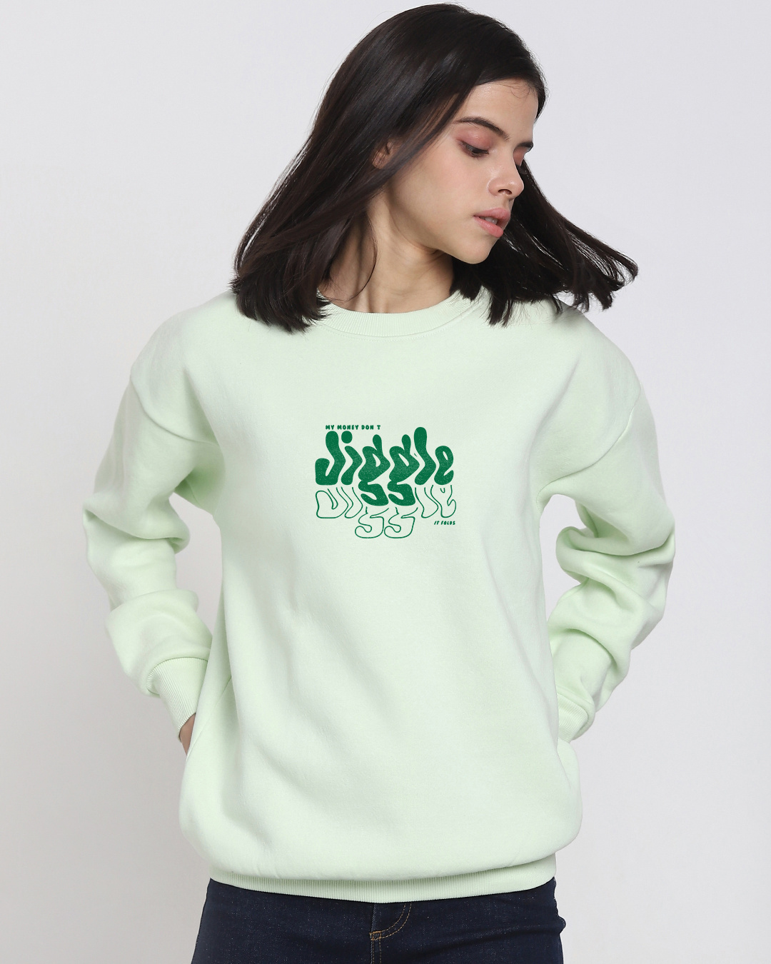 Shop Women's Green Money Don't Jiggle Graphic Printed Oversized Sweatshirt-Back