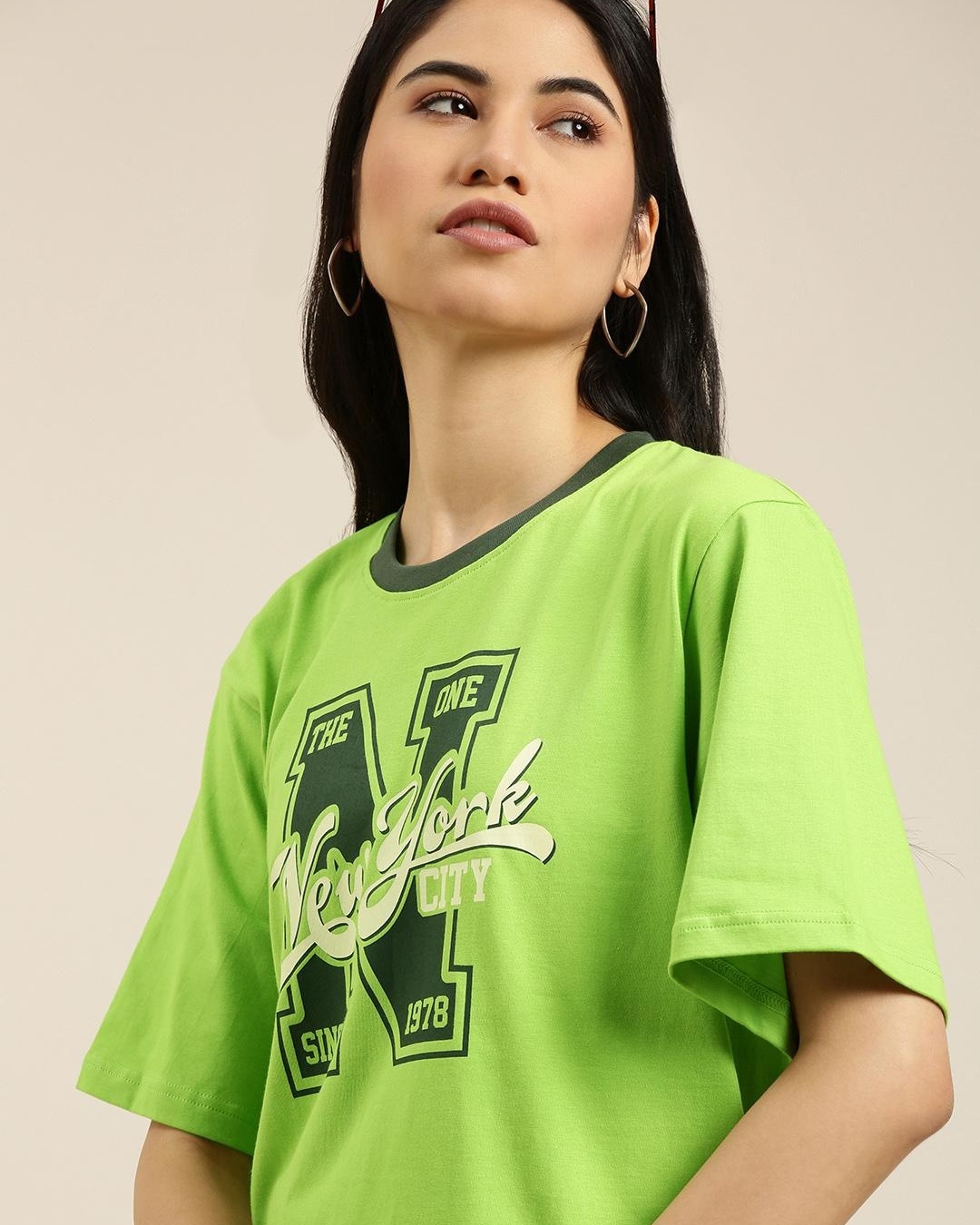 Shop Women's Green New York Typography Oversized T-shirt-Back