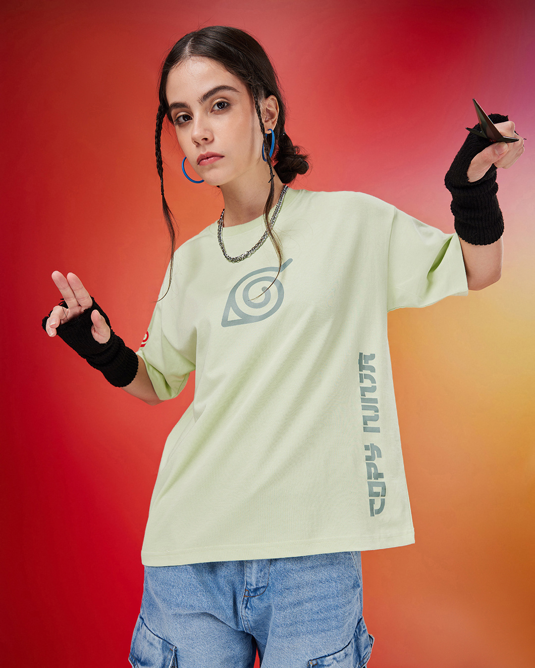 Shop Women's Green Ninja Kakashi Graphic Printed Oversized T-shirt-Back