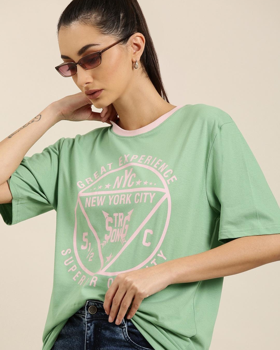 Shop Women's Green NYC Graphic Printed Oversized T-shirt-Back