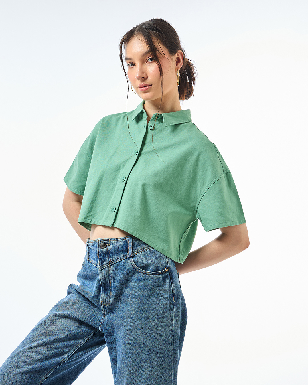 Shop Women's Green Oversized Crop Shirt-Back