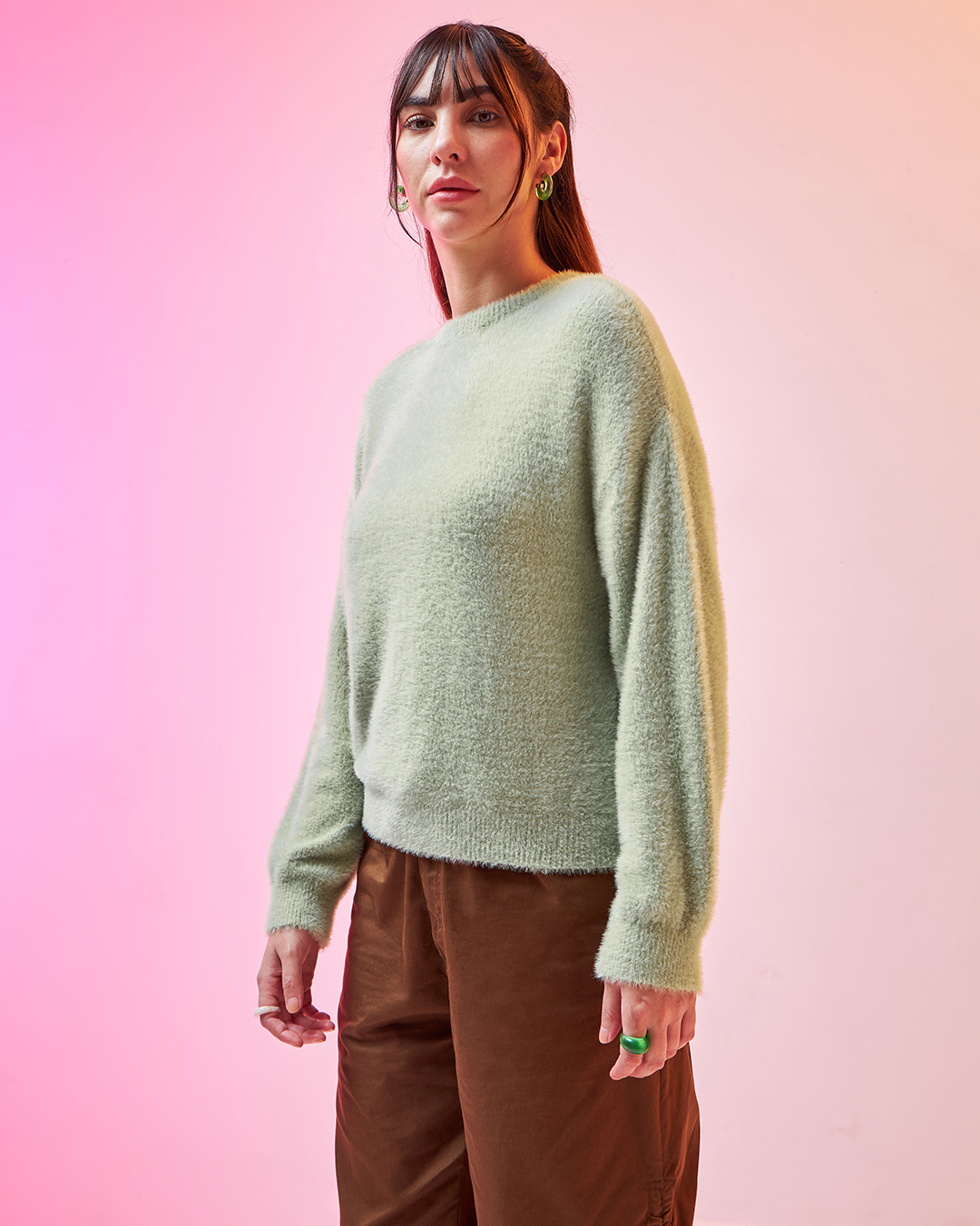 Shop Women's Green Oversized Flatknit Sweater-Back