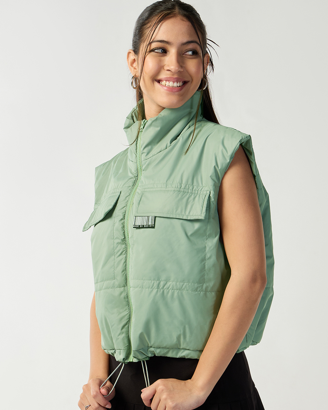 Shop Women's Green Oversized Gilet Jacket-Back