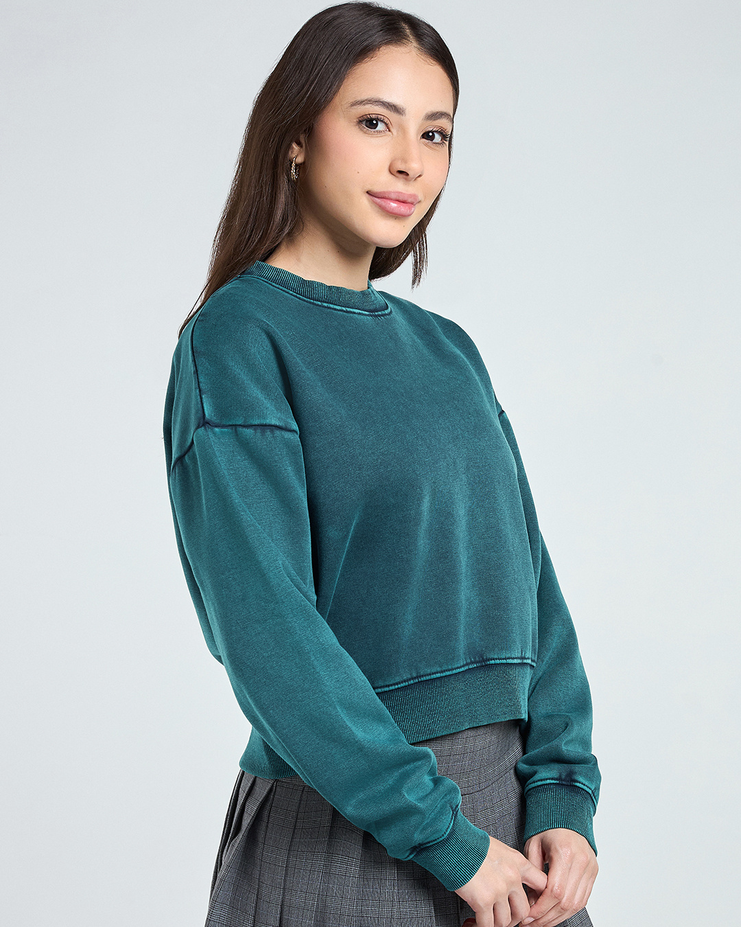 Shop Women's Teal Green Oversized Acid Wash Crop Sweatshirt-Back