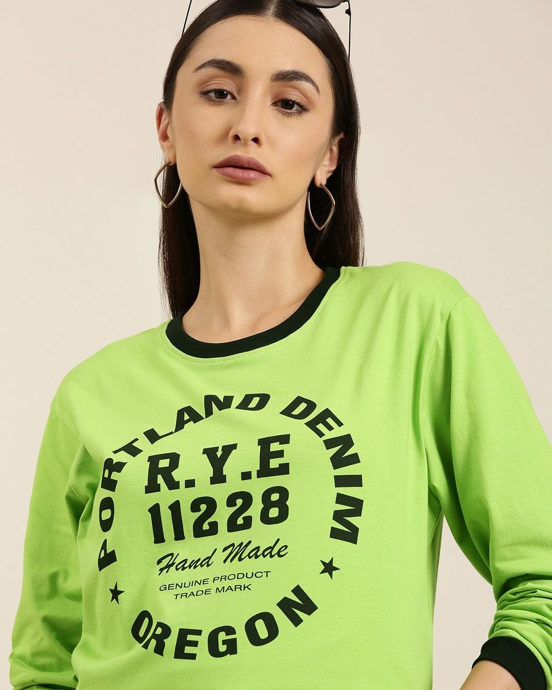 Buy Women's Green Portland Denim Typography Oversized Tshirt for Women