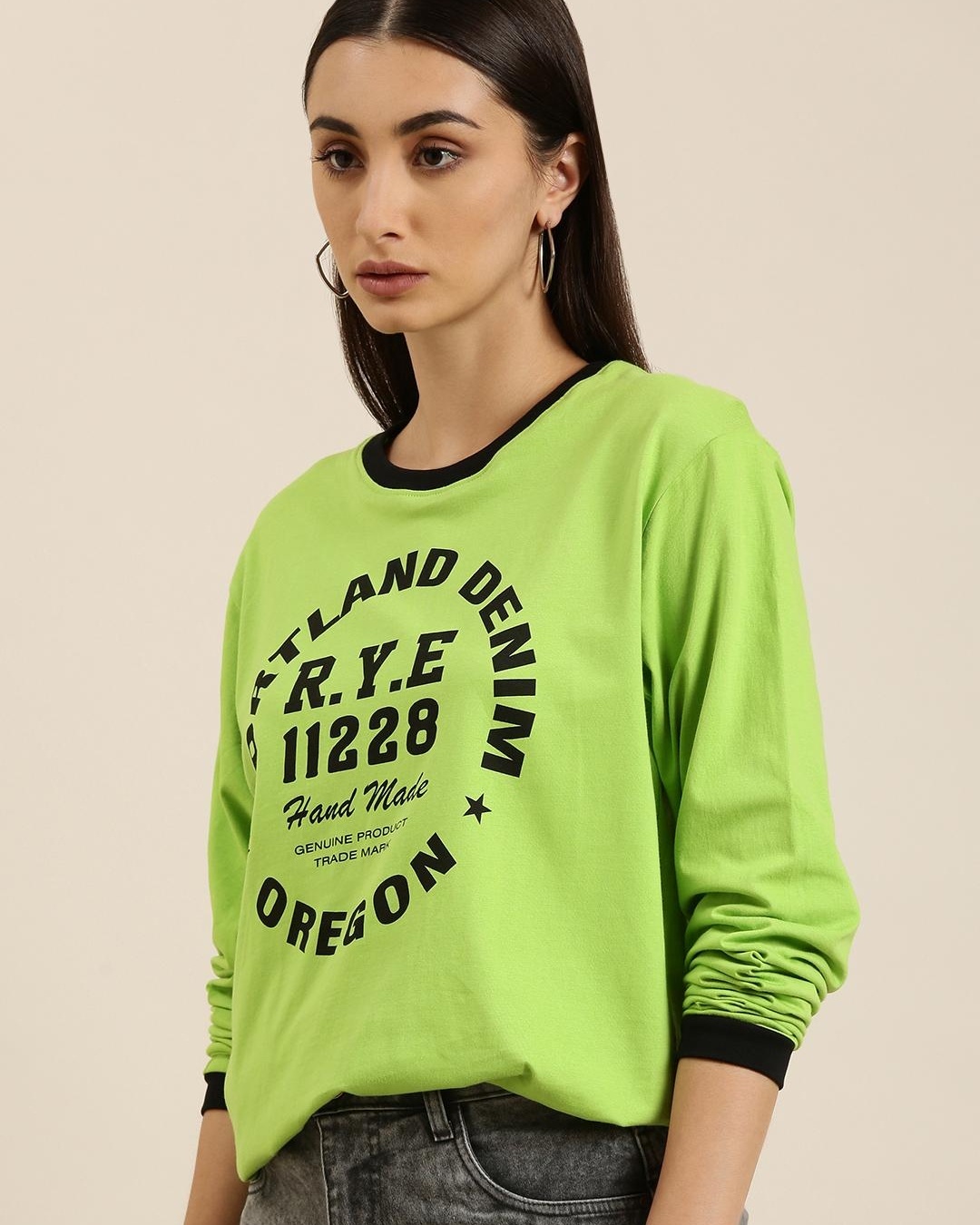 Shop Women's Green Portland Denim Typography Oversized T-shirt-Back