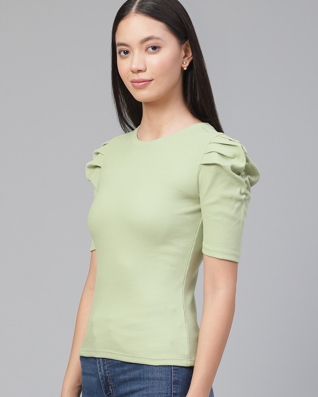 Shop Women's Green Puff Sleeve Top-Back