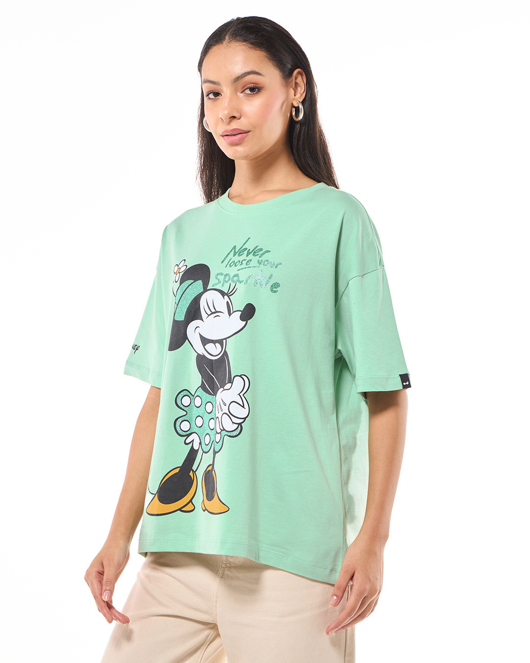 Shop Women's Green Sparkling Minnie Graphic Printed Oversized T-shirt-Back