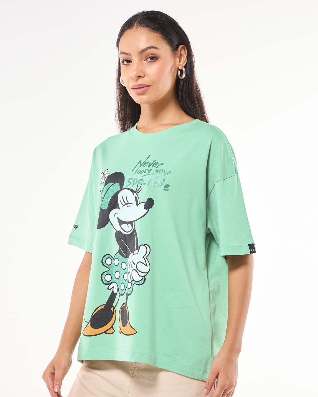 Shop Women's Green Sparkling Minnie Graphic Printed Oversized T-shirt-Back