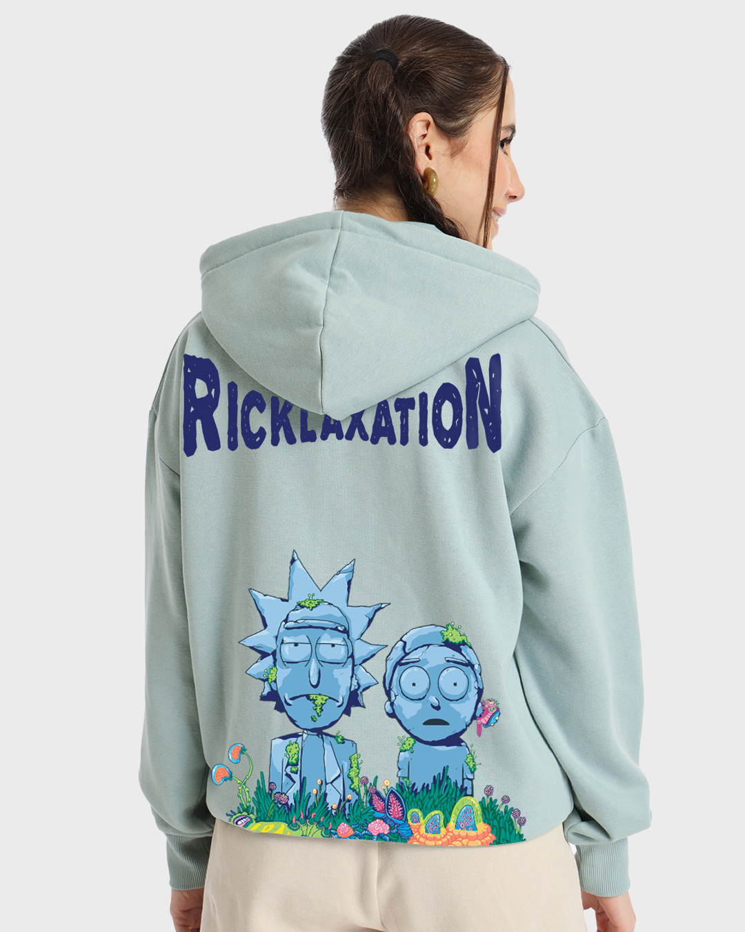 Shop Women's Green Stoned Rick & Morty Graphic Printed Oversized Hoodies-Back