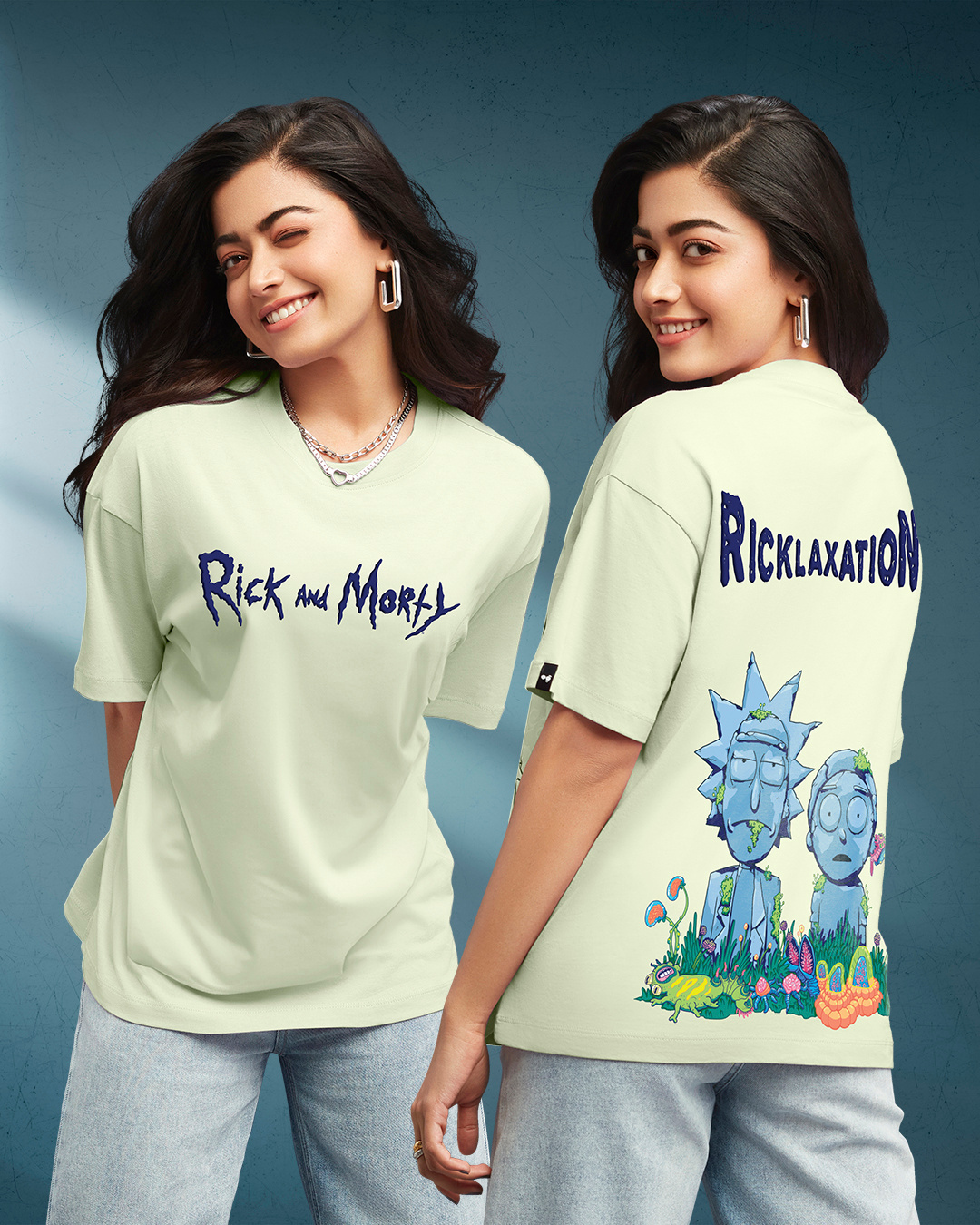 Buy Women's Green Stoned Rick & Morty Graphic Printed Oversized T-shirt ...