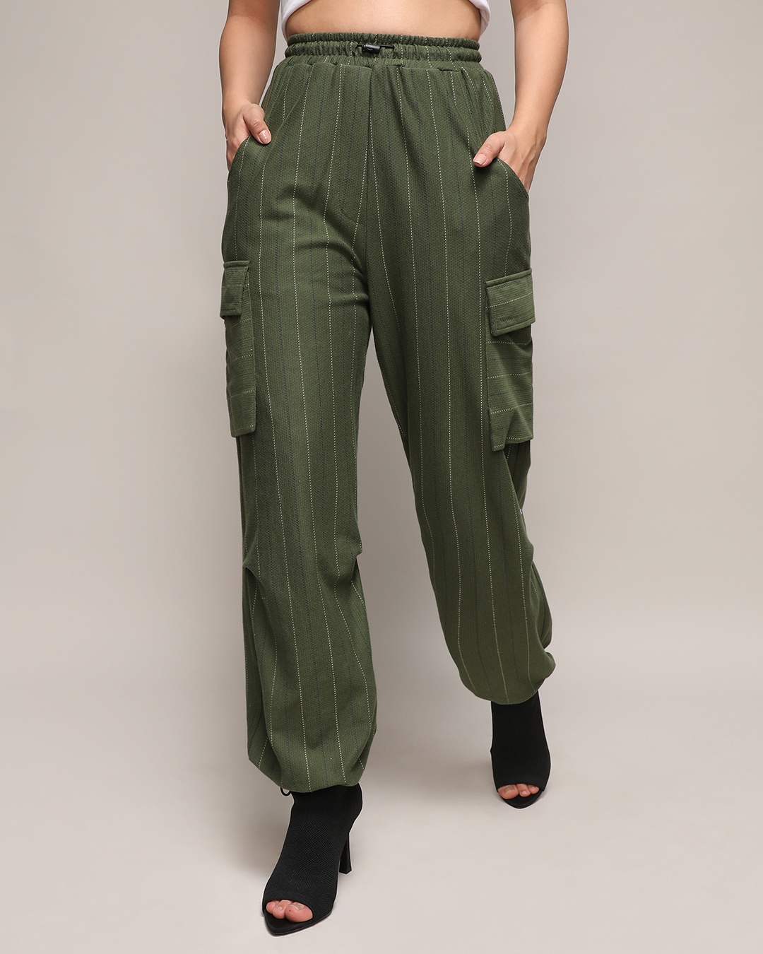 Shop Women's Green Striped Loose Comfort Fit Cargo Parachute Pants-Back